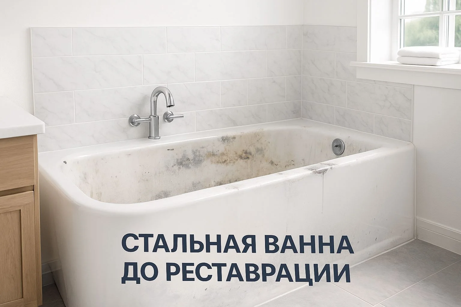 Стальная ванна до реставрации с желтизной и потертостями